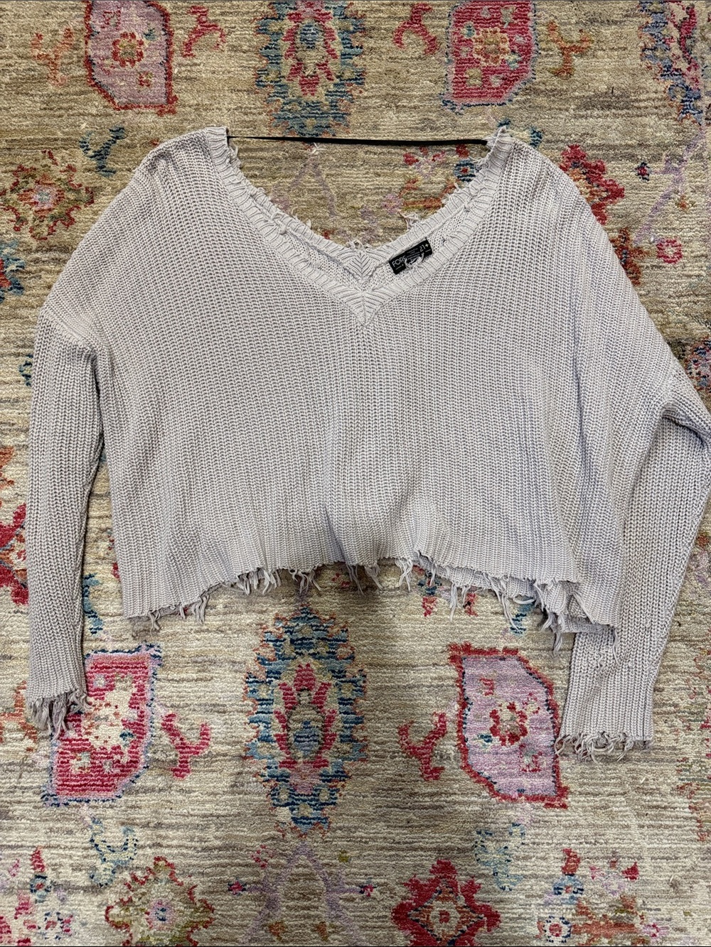 Forever 21 Light Gray Off-the-Shoulder Distressed Knit Sweater